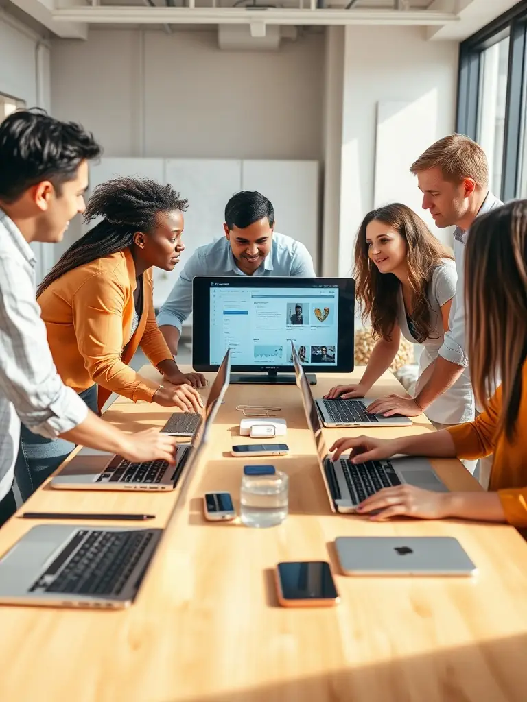 Team collaborating on digital projects in a bright and modern workspace.